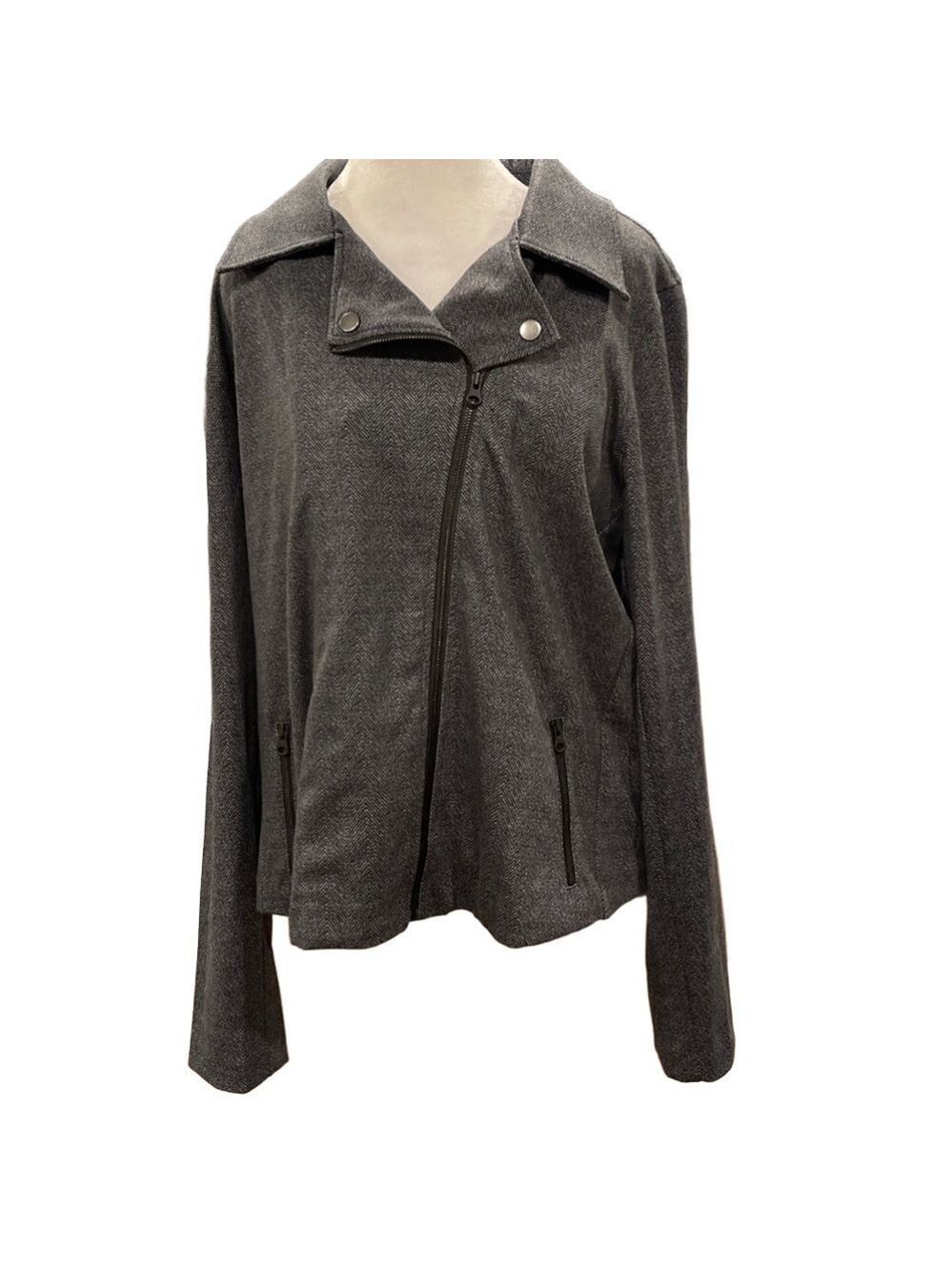 NYDJ L asymmetrical zip herringbone fitted stretch jacket with zip pockets